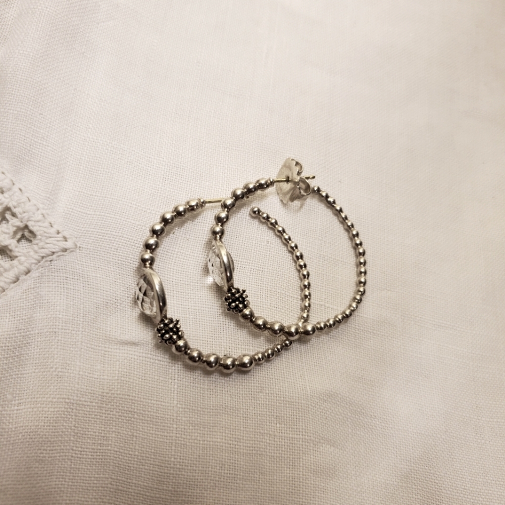 MICHAEL DAWKINS 925 Sterling Silver Caviar Quartz Hoop Earrings